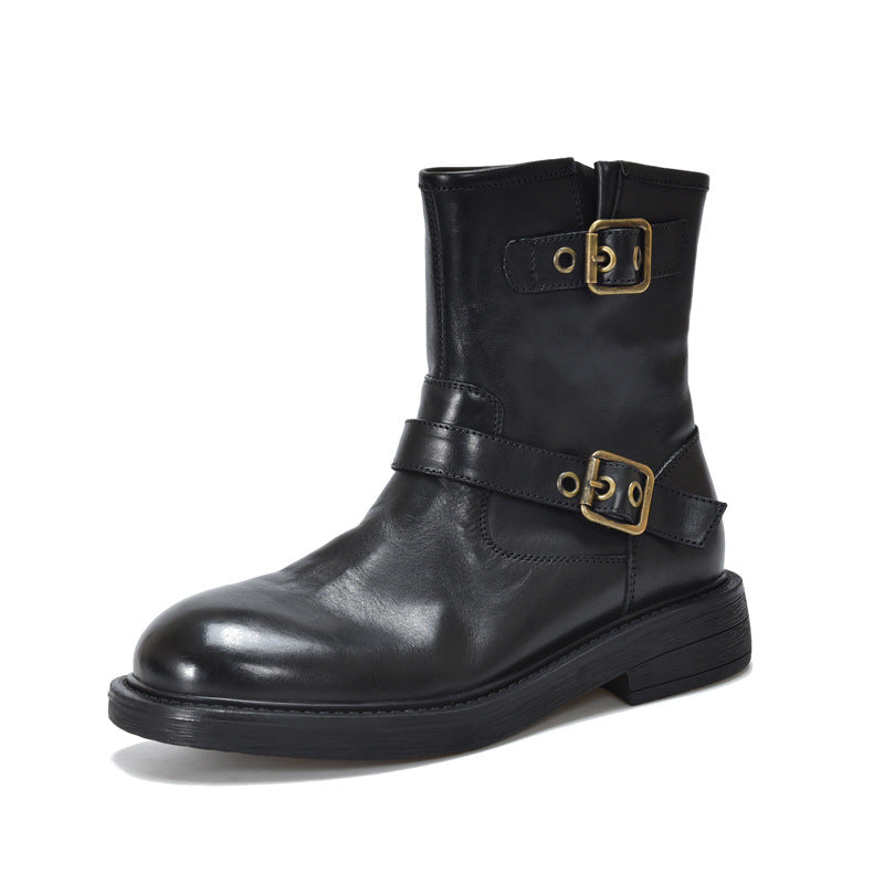 Women's Washed First Layer Cowhide Belt Buckle Knight Boots