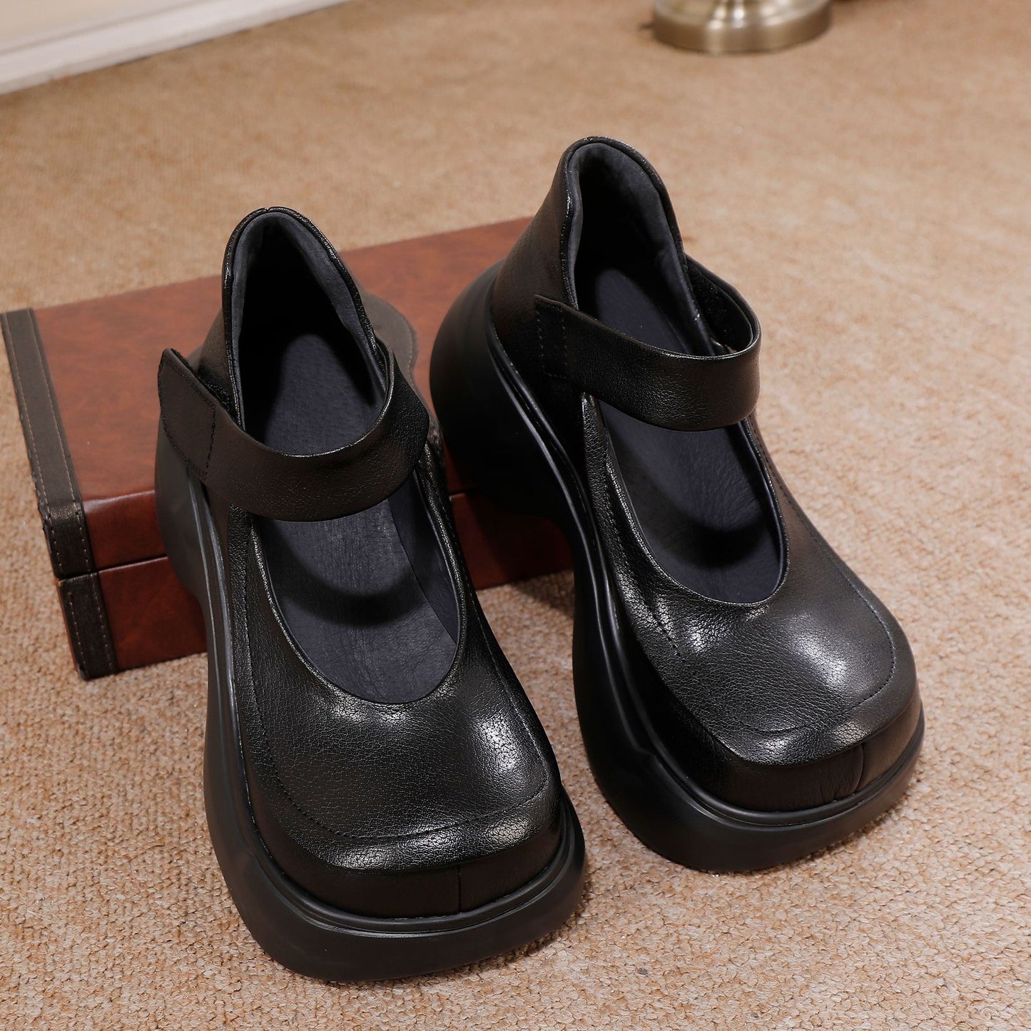 Women's Retro Platform Cowhide Washed With Pumps Women's Fashion Shoes