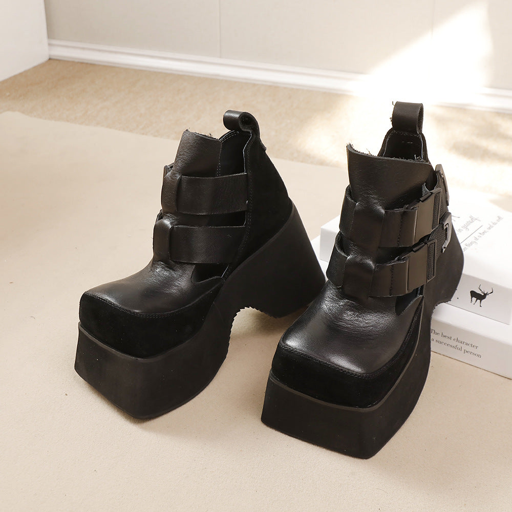 Women's Spring First Layer Cowhide Small Thick Women's Shoes