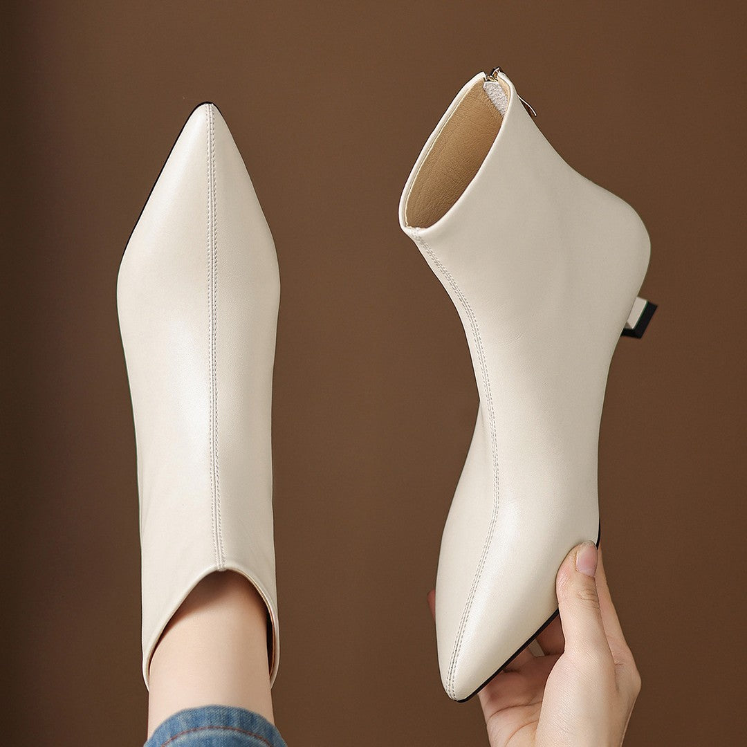 Genuine Soft Pointed Toe White Western Style Skinny Women's Leather Boots