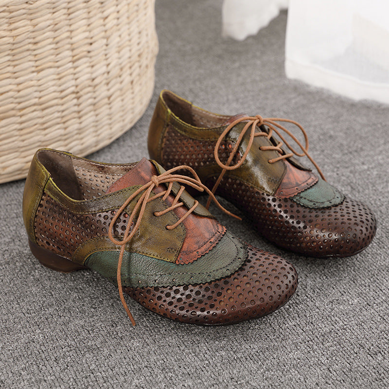 Women's Style Hand-rub Color Cowhide Hole Round Toe Comfortable Rainbow Artistic Men's Shoes