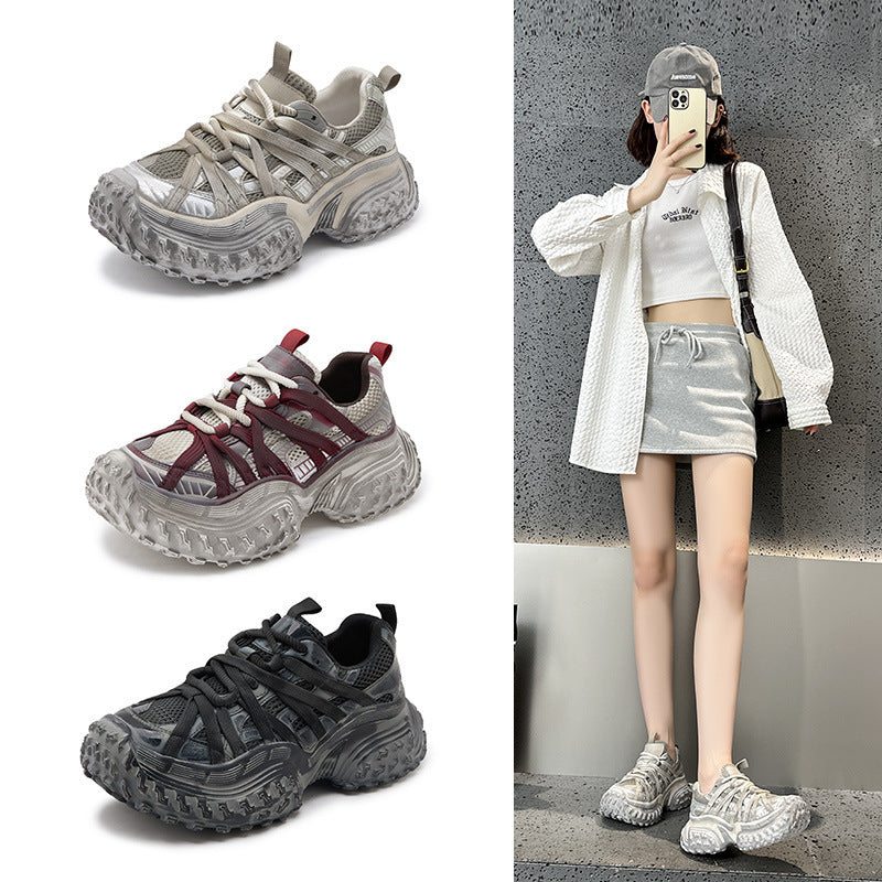 Women's Distressed Red Dad Spring Thick Sole Height Women's Sports Shoes