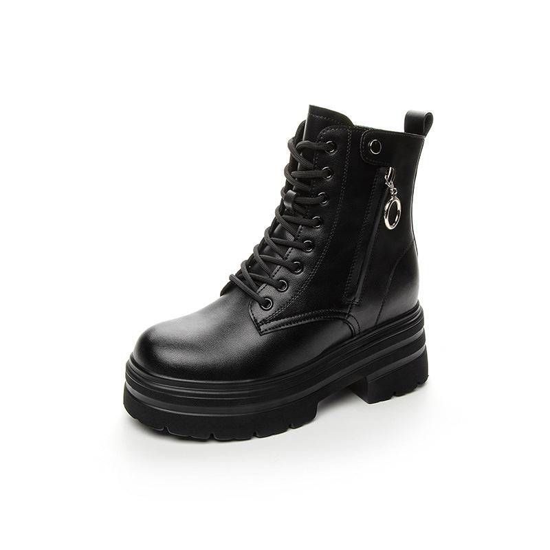 Women's Martin Fleece-lined Platform Elevator Ankle British Style Women's Leather Boots