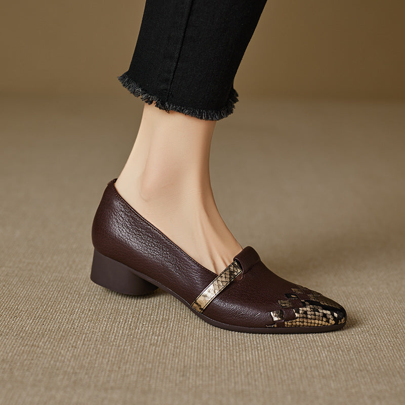 Women's Temperament Color Matching Sheepskin Woven Roman Authentic Low Small Slip-on Leather Shoes