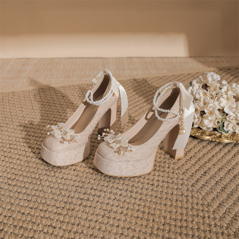 Women's Chunky Mary Jane High Chinese Cheongsam Wedding Dress Heels