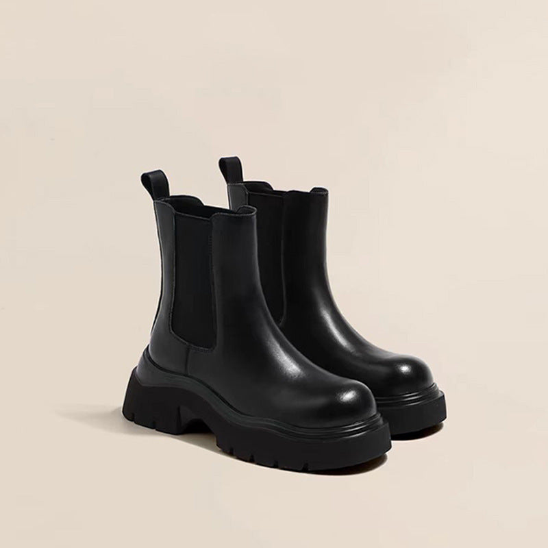 Women's Smoke Pipe British Style Platform Single Chelsea Black Martin Women's Leather Boots