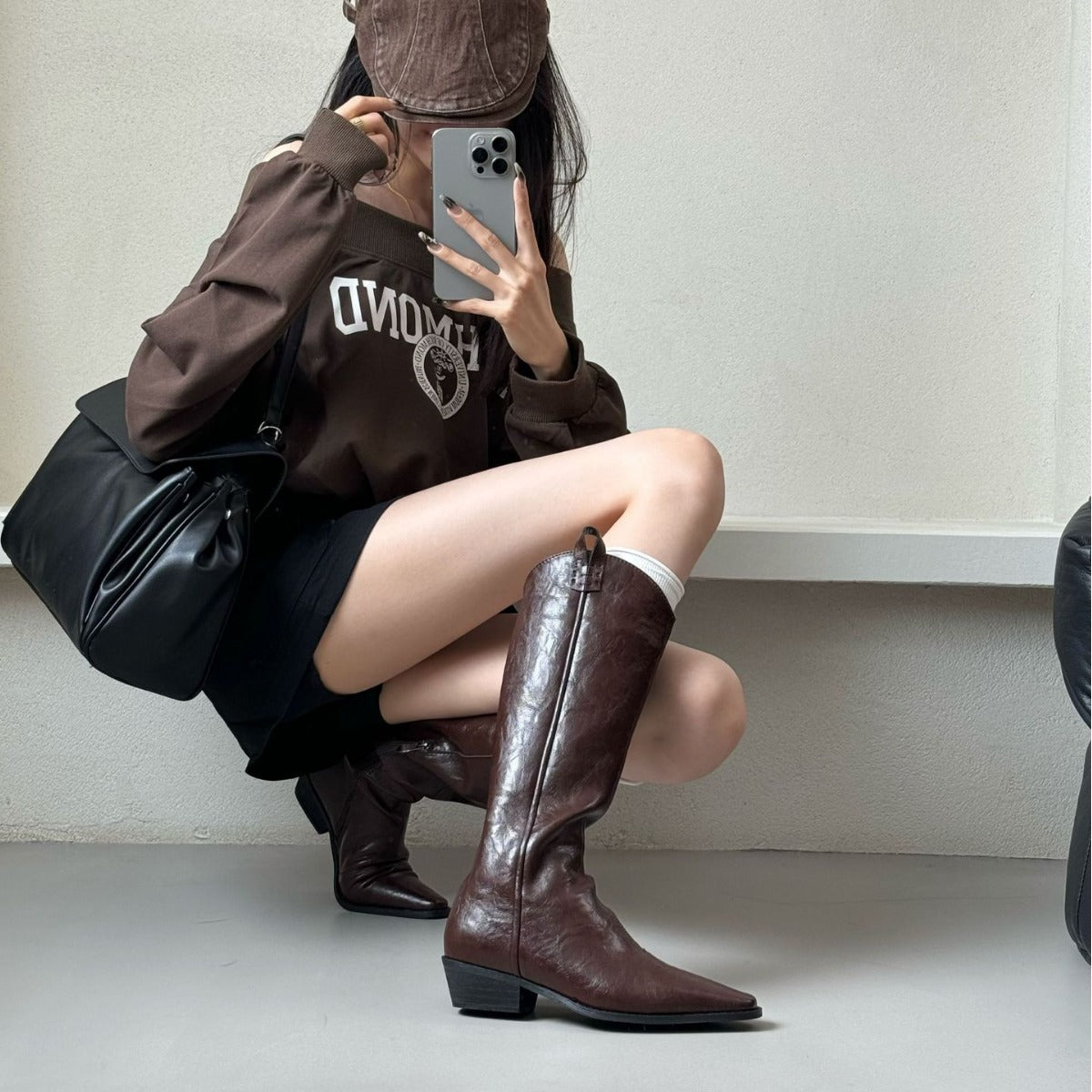 Solid Color V Cut Knight Female Retro Easy Matching Women's Leather Boots