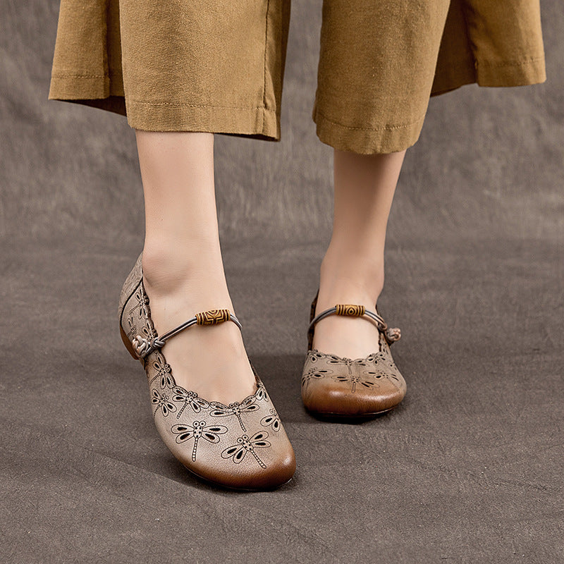 Women's Genuine First Layer Cowhide Low Round Toe Vintage Mouth Pumps Women's Casual Shoes