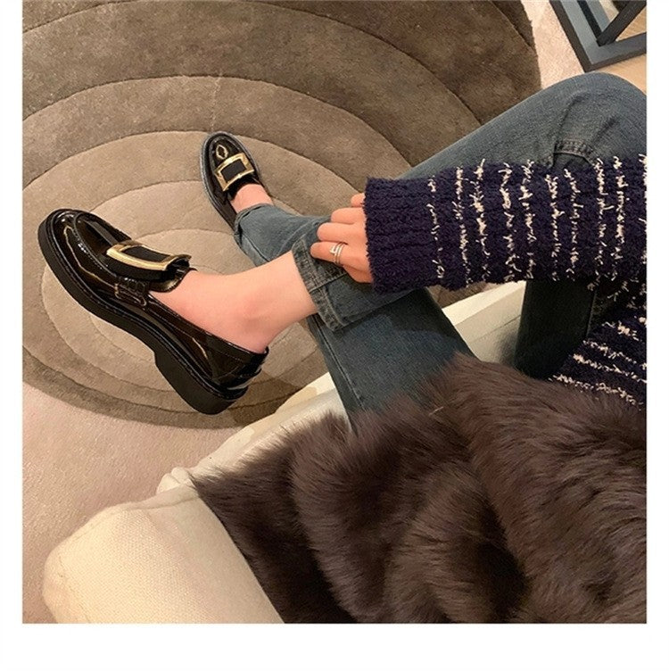 Women's Version Authentic British Style Thick Bottom Flat Square Buckle Rhinestone Loafers