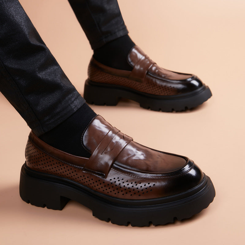Men's Side Punching Thick Bottom Increased Leisure Slip On Peas Foam Men's Business Leather Shoes