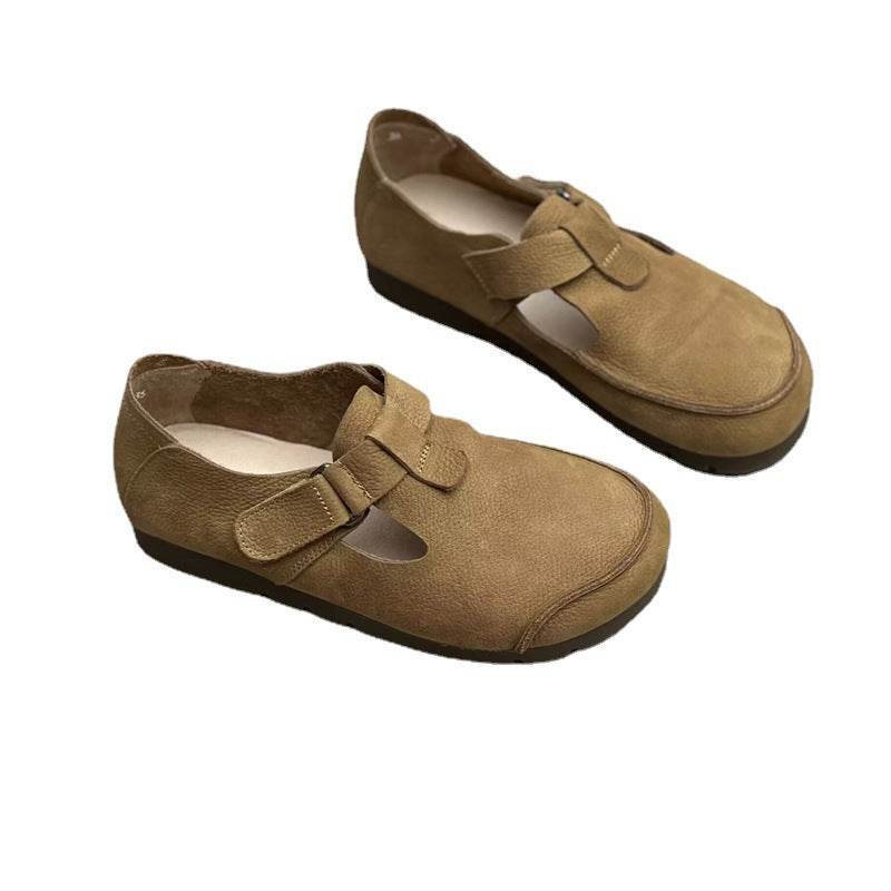 Women's Handmade Genuine Pumps Retro Artistic Round Toe Flat Bottom Velcro Women's Casual Shoes