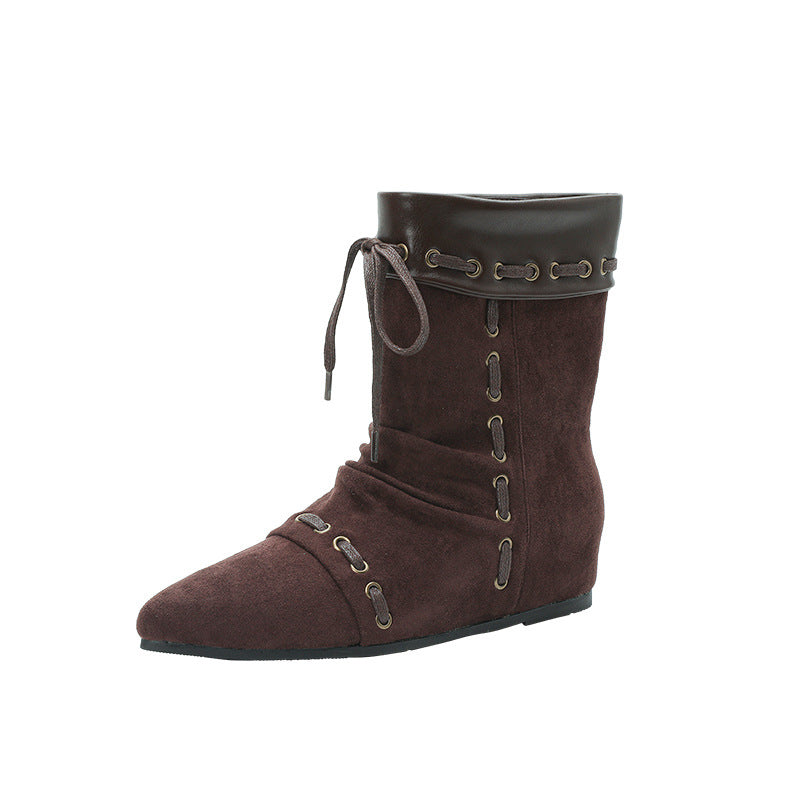 Women's French Style Height Increasing Insole Western Pointed Toe Flat Ankle Women's Leather Boots