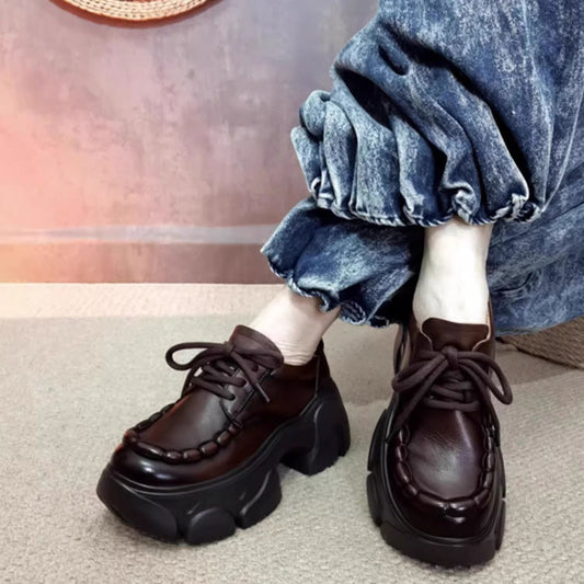 Women's Handmade Spring Retro Platform Chunky Round Women's Fashion Shoes