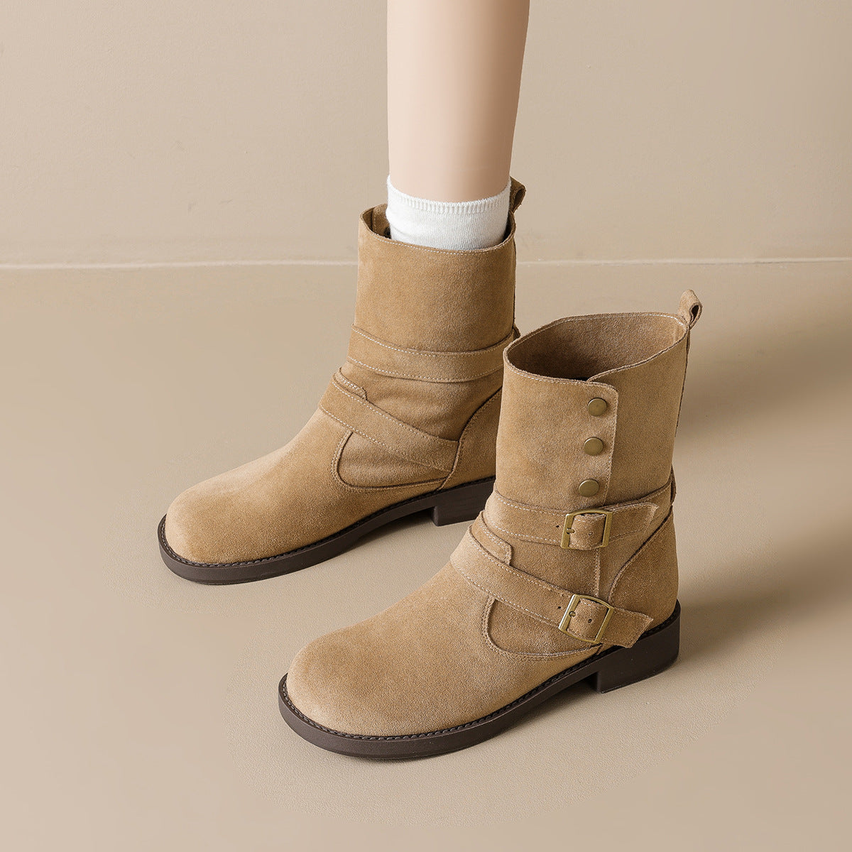 Belt Buckle Platform Ankle Female Retro Women's Leather Boots
