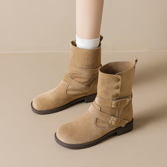 Belt Buckle Platform Ankle Female Retro Women's Leather Boots