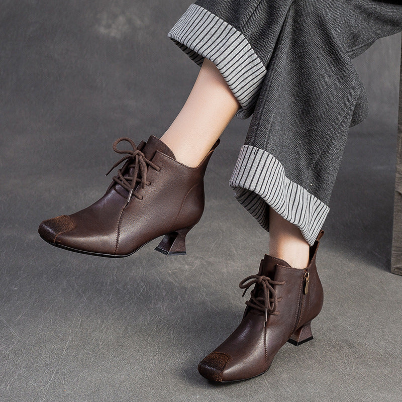 Women's Shu First Layer Cowhide Square Head Zipper High Fashion Women's Shoes