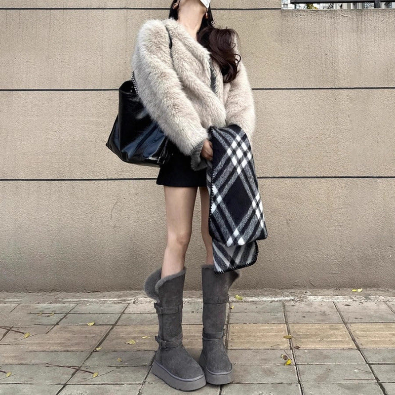 Women's Gray Winter Northeast Thickened Fleece-lined Thick-soled Boots
