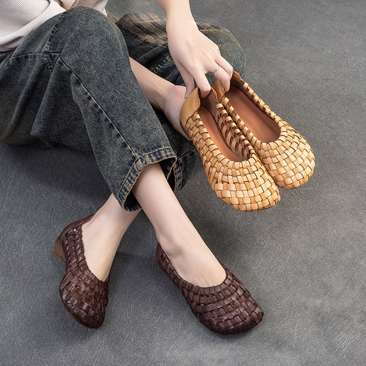 Women's First Layer Cowhide Slip-on Hand-woven Breathable Bottom Men's Shoes