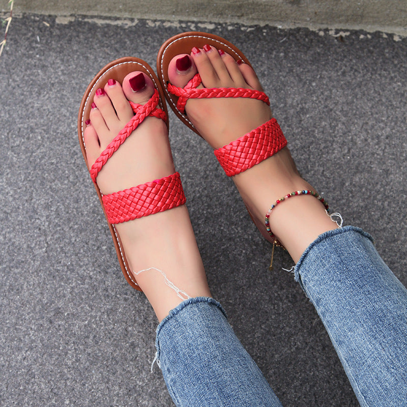 Women's Large Size Flat Bottom Toe Ring Simple Knitted Belt Sandals