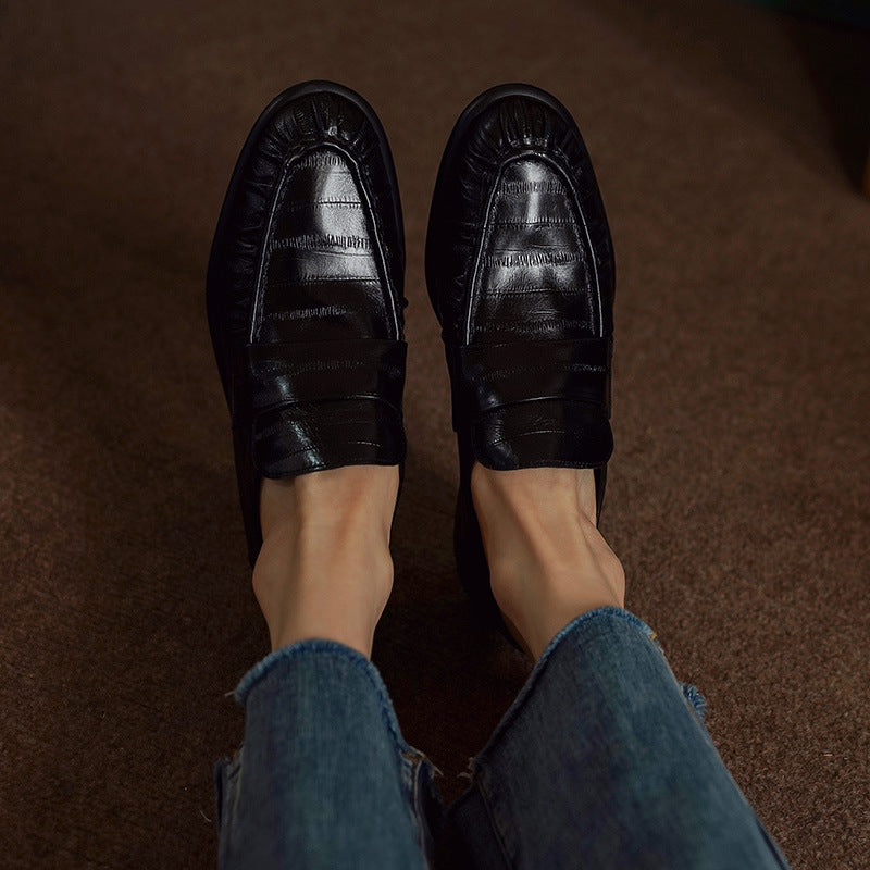 Cowhide Retro Minority Crocodile Pattern Chunky Pumps Slip-on Genuine British Women's Casual Shoes
