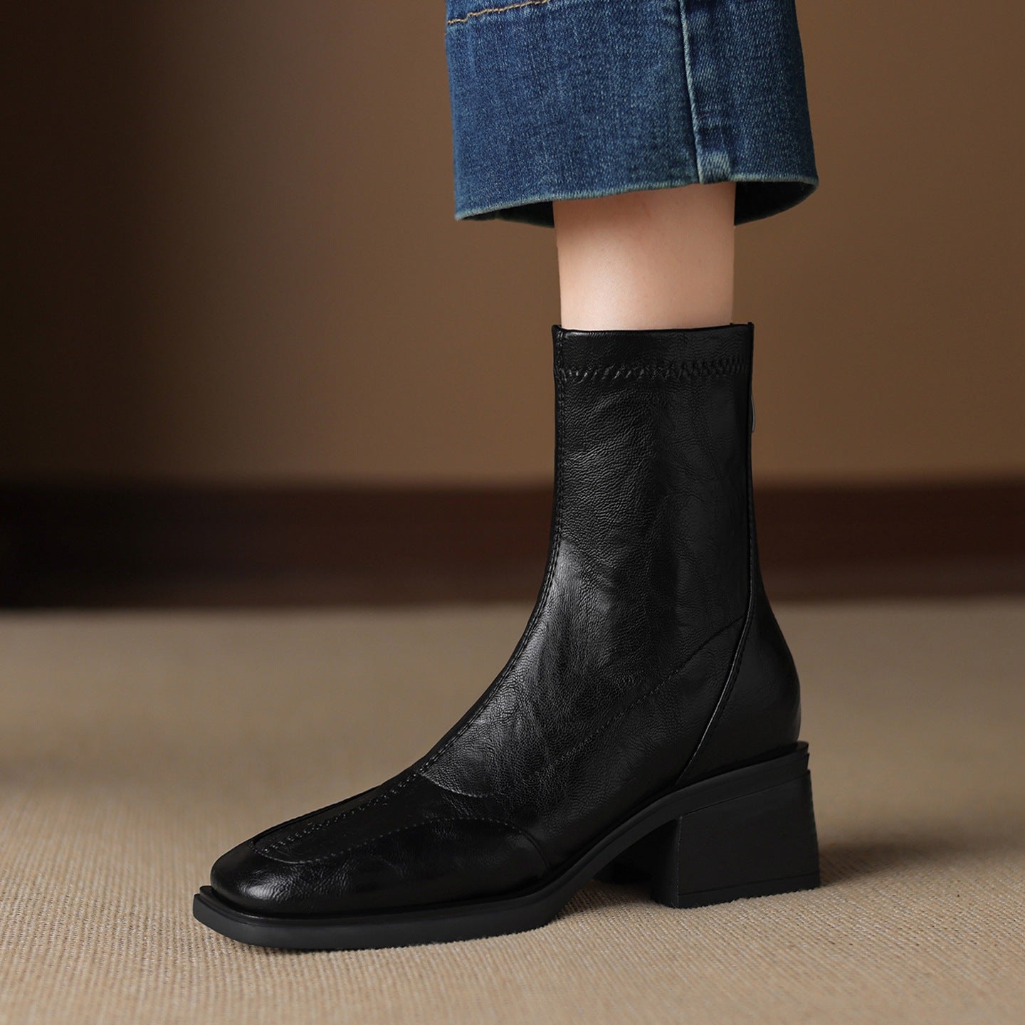 Women's Square Toe Fashion Chunky Short For Autumn Stretch Thin Mid Women's Leather Boots