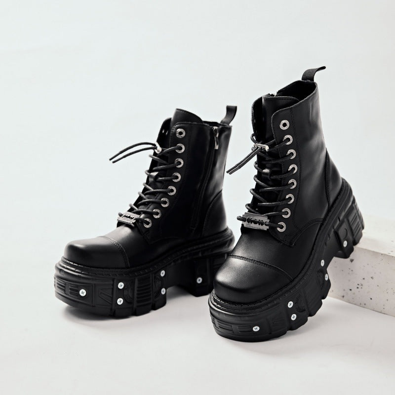 Women's Motorcycle Heavy Metal Platform Martin Spring Punk Leather Shoes