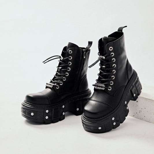 Women's Motorcycle Heavy Metal Platform Martin Spring Punk Leather Shoes