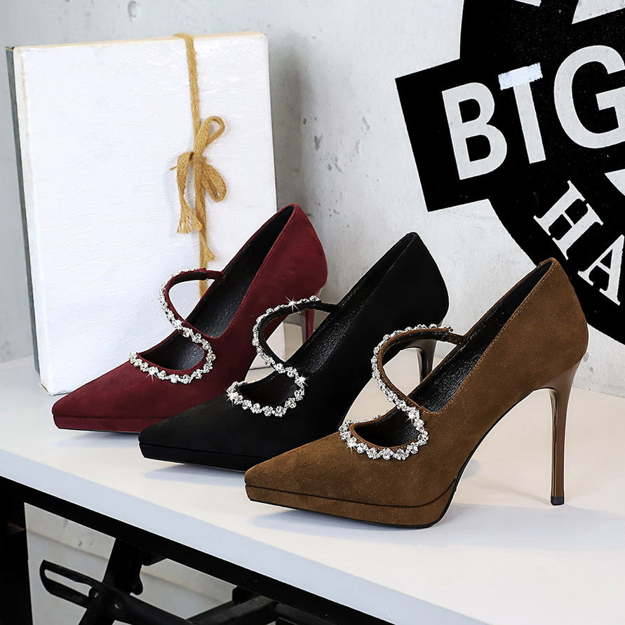 Stiletto Low-cut Suede Waterproof Platform Rhinestone Heels
