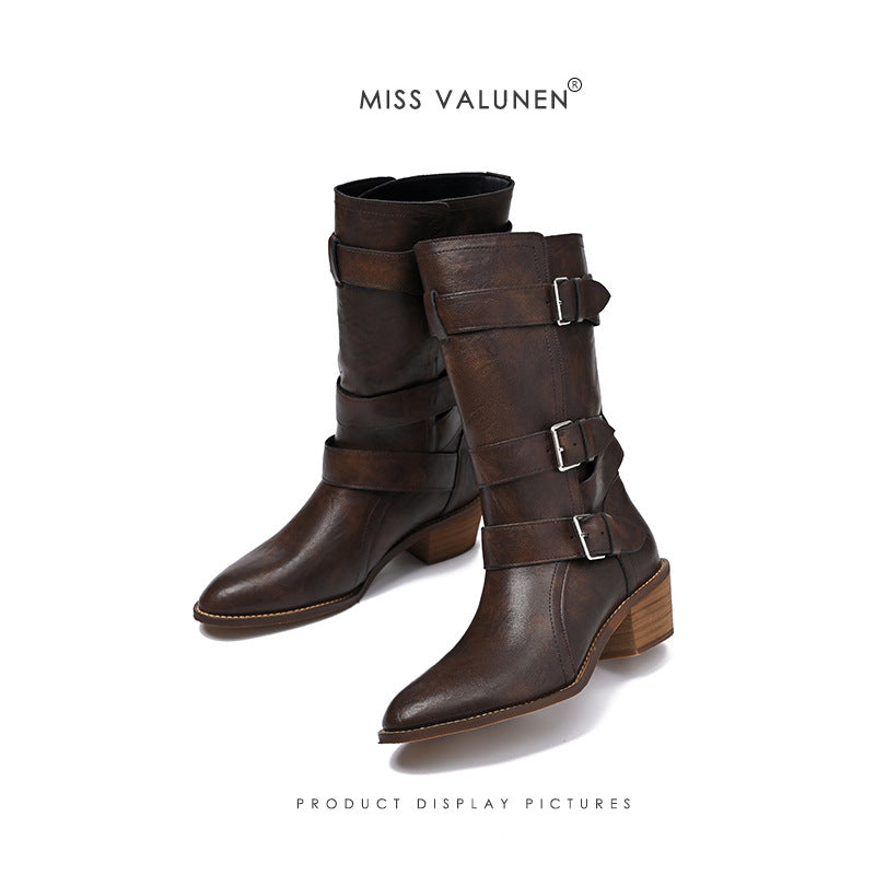 Women's Warren Pointed Toe Chunky Western Cowboy Knight Women's Leather Boots