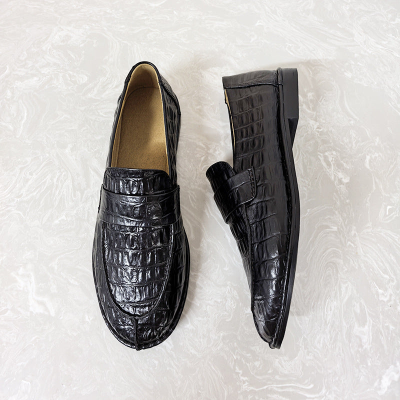 Women's Genuine Flat Round Head Slip-on Simple Fashion British Small Leather Shoes