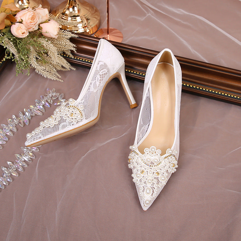 Women's High Hollowed Pumps Mesh Pearl Stiletto Heels