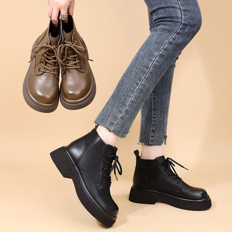 Thick Bottom Small Pumps British Style Round Head Martin Plus Boots