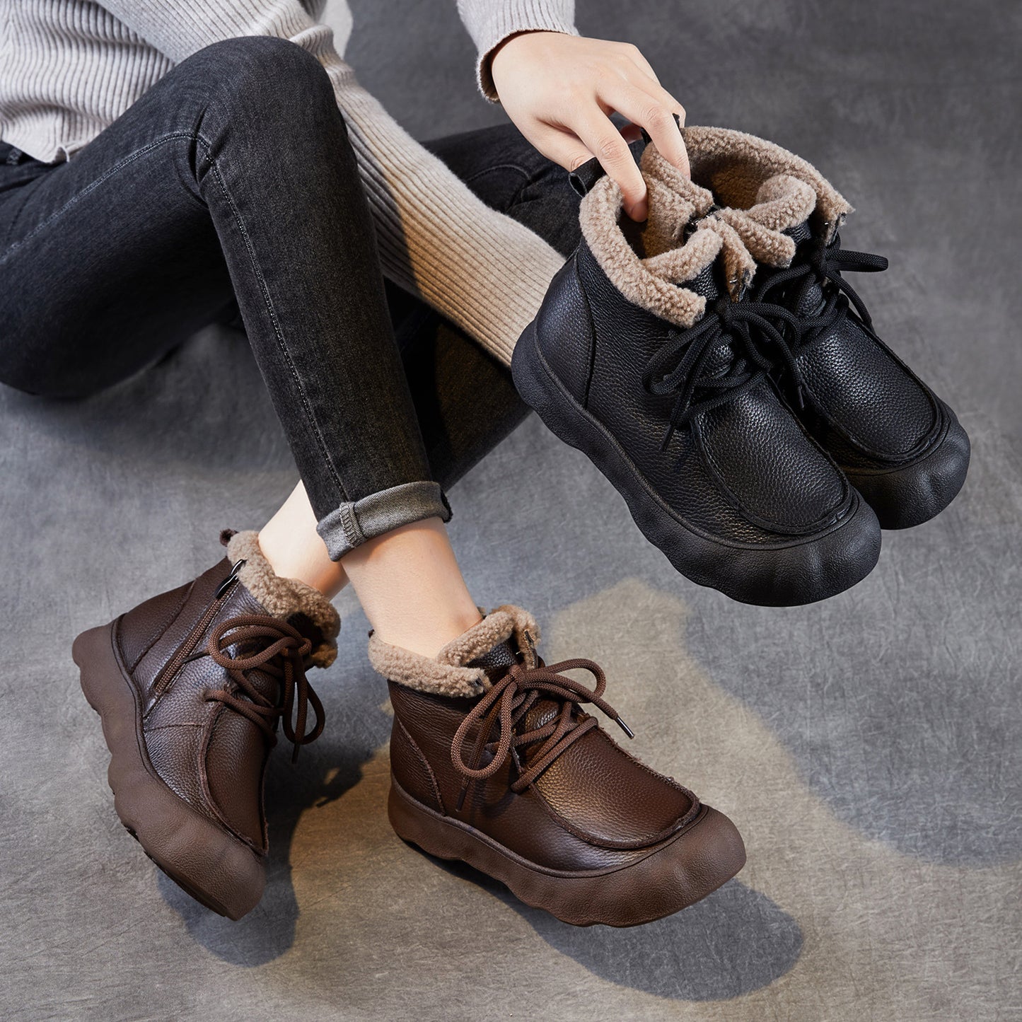 Women's Retro Platform First Layer Cowhide Thickened Veet Ankle Winter Genuine Women's Snow Boots
