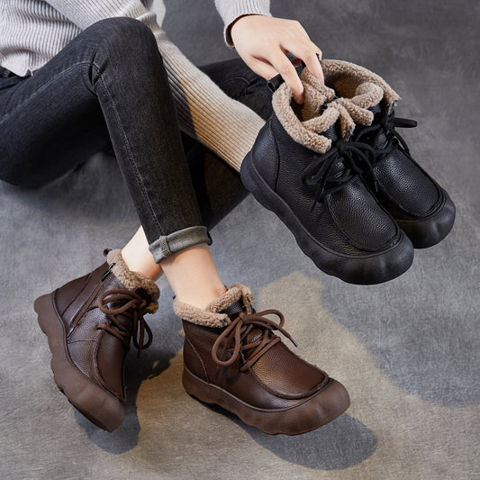 Women's Retro Platform First Layer Cowhide Thickened Veet Ankle Winter Genuine Women's Snow Boots