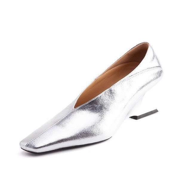Women's Pumps Low-cut Slip-on Gold Sier Color Square Toe V Cut Women's Fashion Shoes