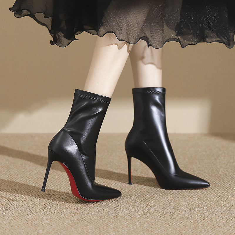 Women's Thin Red Bottom Pointed Stiletto Temperament Black Boots