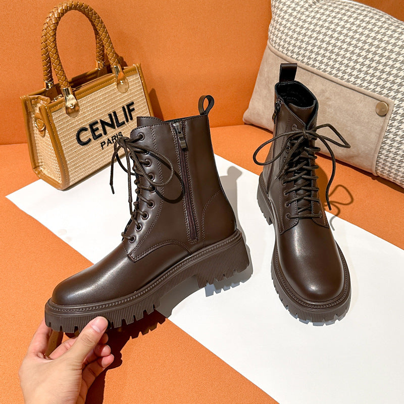 Women's Martin British Style Fleece-lined Brown Coffee Women's Leather Boots