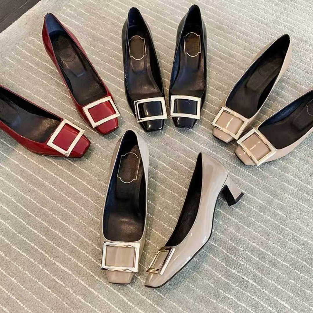 Women's Square Buckle High Patent Toe Elephant Gray Red Wedding Heels