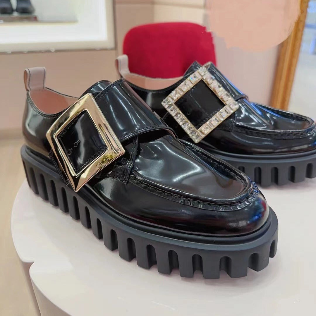 Women's British Style Rhinestone Square Buckle Platform Loafers