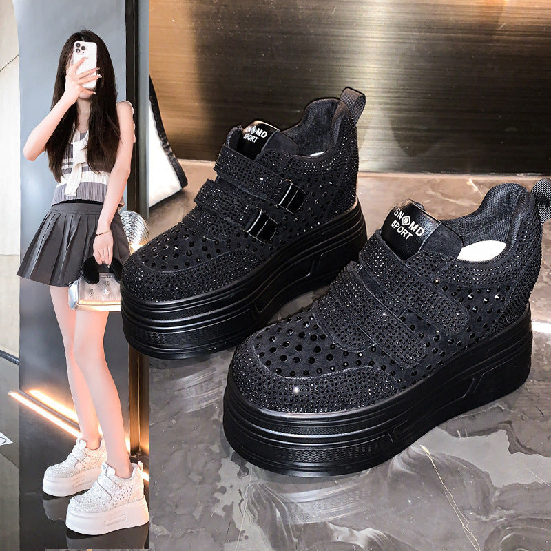 Women's White Rhinestone Single Mesh Height Increasing Insole Women's Casual Shoes