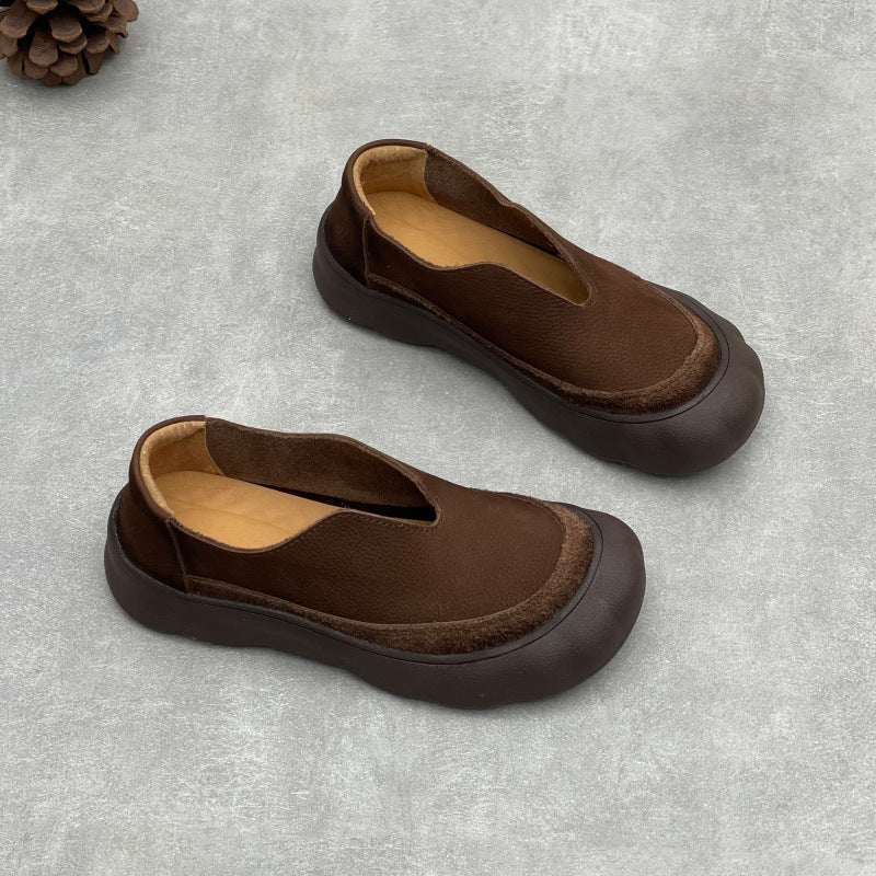 Women's Retro Handmade Genuine Pumps Big Head Thick Bottom Leather Shoes