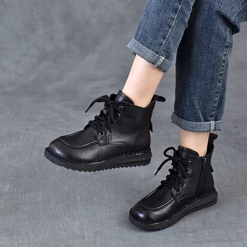 Women's Layer Of Cowhide Soft Bottom Retro Round Toe Flat Women's Leather Boots