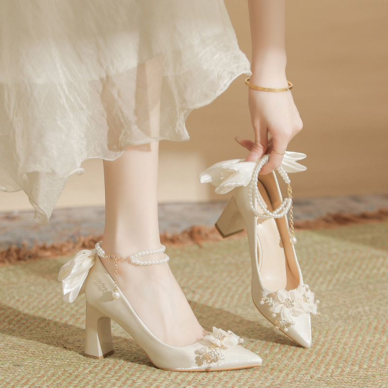 Women's Pointed High Thick Bowknot Wedding With Strap Pearl Grace Women's Fashion Shoes