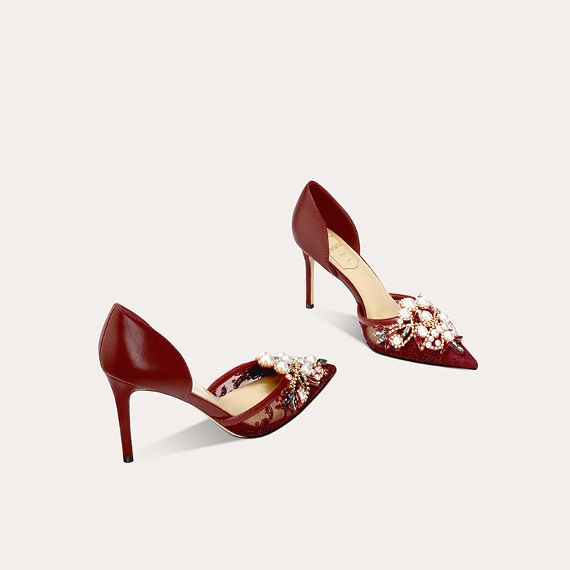 Style Lace Mesh Chinese Pointed Toe Rhinestone Sheepskin High Women's Fashion Shoes