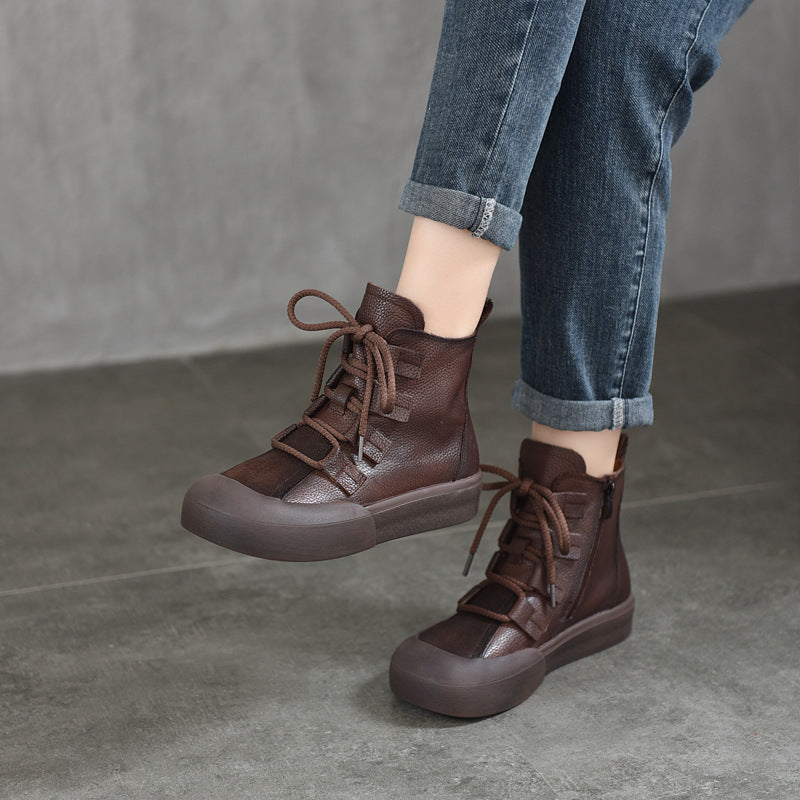 Women's Layer Cowhide Short Mid Martin Roman Boots