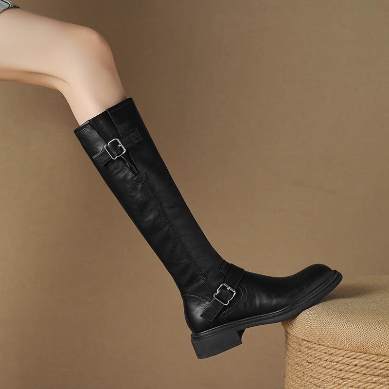 Women's Head Below The Knee Knight British Style Thick Mid Knee-high Women's Leather Boots