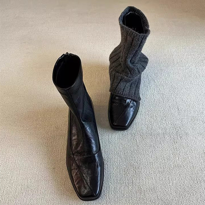 Women's Version Genuine Minimalist Commute Short Slimming Back Zipper Chunky Square Women's Leather Boots