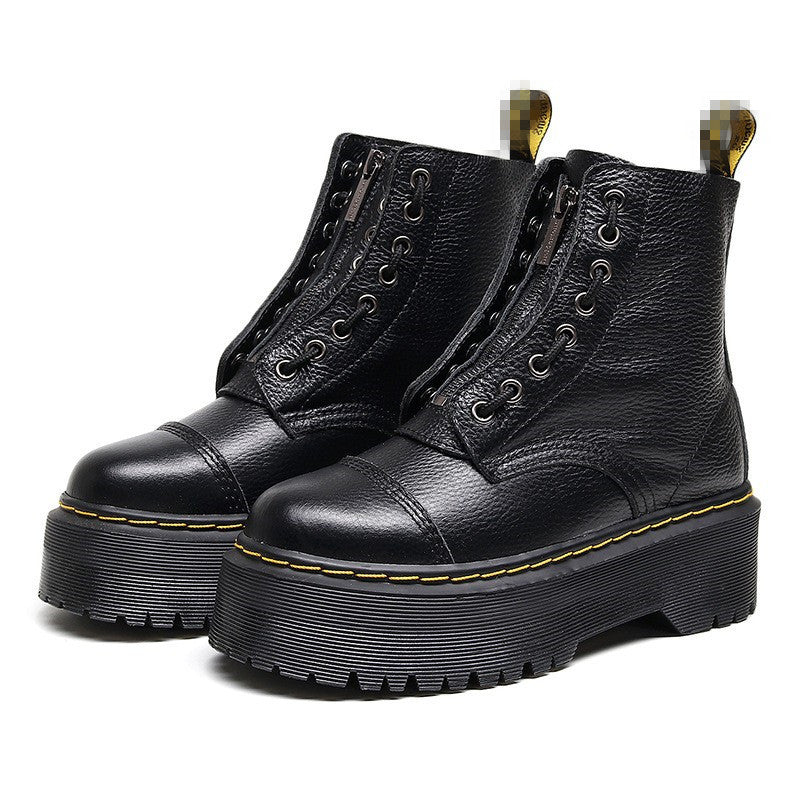 British Thick-soled Martin Front Zipper Top Layer Lychee Pattern Ankle Women's Leather Boots