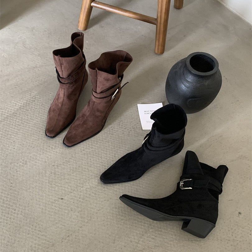 Women's French Style Square Toe Booties Chunky Ankle Vintage Crumpled Boots