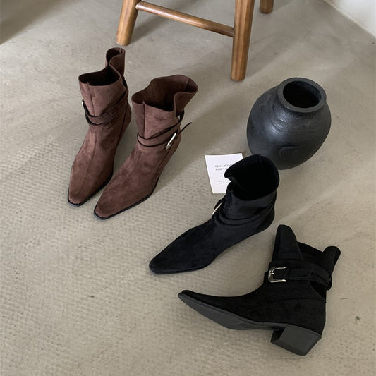 Women's French Style Square Toe Booties Chunky Ankle Vintage Crumpled Boots